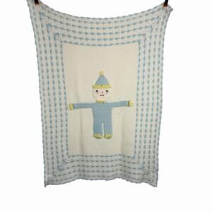 Handmade 3D Baby Blanket Blue White Clown 37" x 28" Retro Nursery Shower Gift